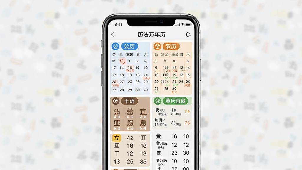 一张展示历法万年历多历法界面的视觉图,主体为手机屏幕,屏幕内分区域显示公历、农历、干支与黄历宜忌信息,布局采用上下分栏排版,风格为清爽简约风,细节包含不同颜色的文字标签与图标区分,画质清晰,画面干净,无多余元素