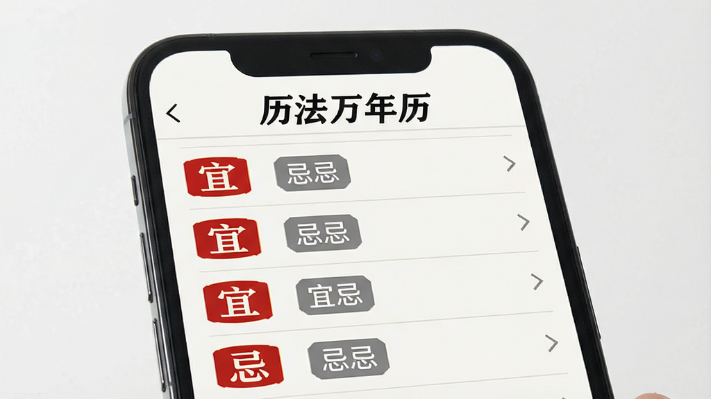 一张展示历法万年历黄历宜忌页面的视觉图,主体为手机屏幕显示黄历宜忌列表,屏幕上方标注
