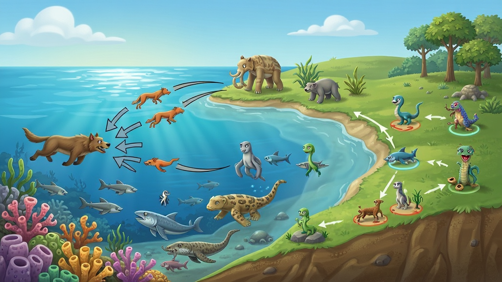Evolution of Species ��̬Ⱥ�䳡��������չʾ������½�ؽ��紦�Ķ������ﹲ�棬������ʳ��ϵͼ������Դ�ɼ��㣬���Ϊ��ͨдʵ��ϣ����ֿ��������������ɾ����޶���װ��Ԫ��