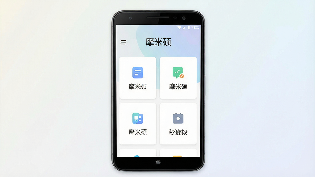一张展示摩米硕软件主界面的手机预览图,画面中央是一部竖屏安卓手机,屏幕内显示摩米硕应用首页,顶部有软件名称“摩米硕”字样,界面为简洁的卡片式布局,包含几个功能入口图标,背景为浅色渐变,整体风格干净现代,细节清晰,画质高清,无多余元素