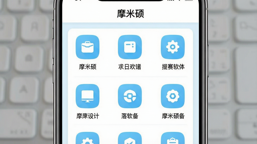 一张摩米硕软件功能面板的界面截图风格图片,画面展示手机屏幕中摩米硕应用的功能列表页面,多个功能图标整齐排列,每个图标下方有中文功能名称,界面配色清爽,以白色和浅蓝色为主,屏幕上方显示“摩米硕”标题,整体布局清晰,画质干净,无杂乱元素