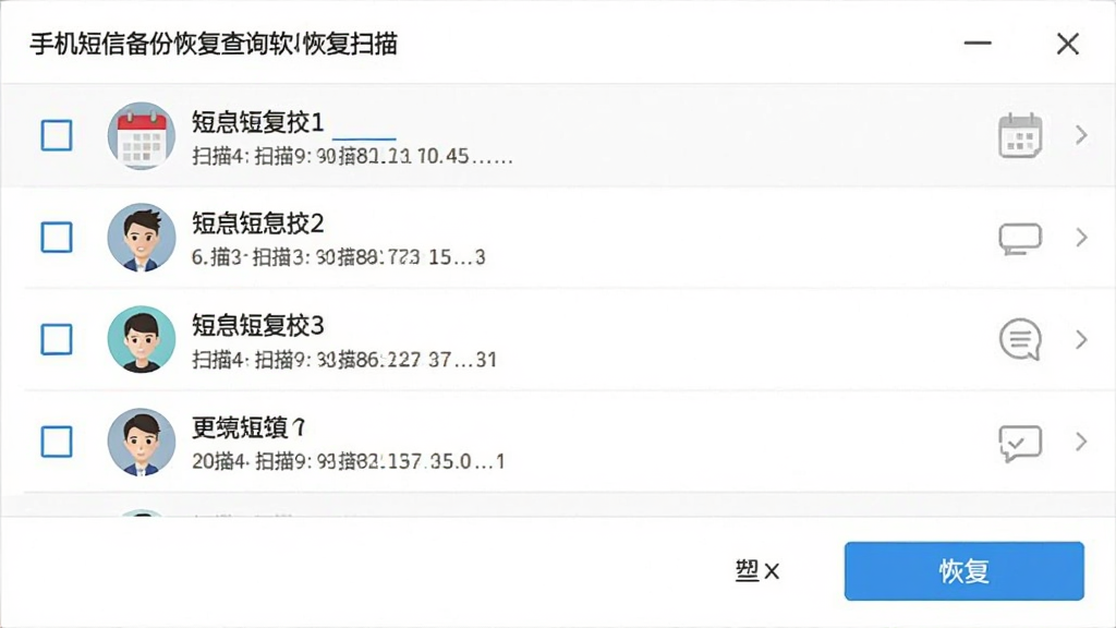 手机短信备份恢复查询软件恢复界面,显示扫描到的短信列表,带有复选框和恢复按钮,背景为白色,风格简约,细节有日历图标和联系人头像,画质清晰,干净,无多余元素