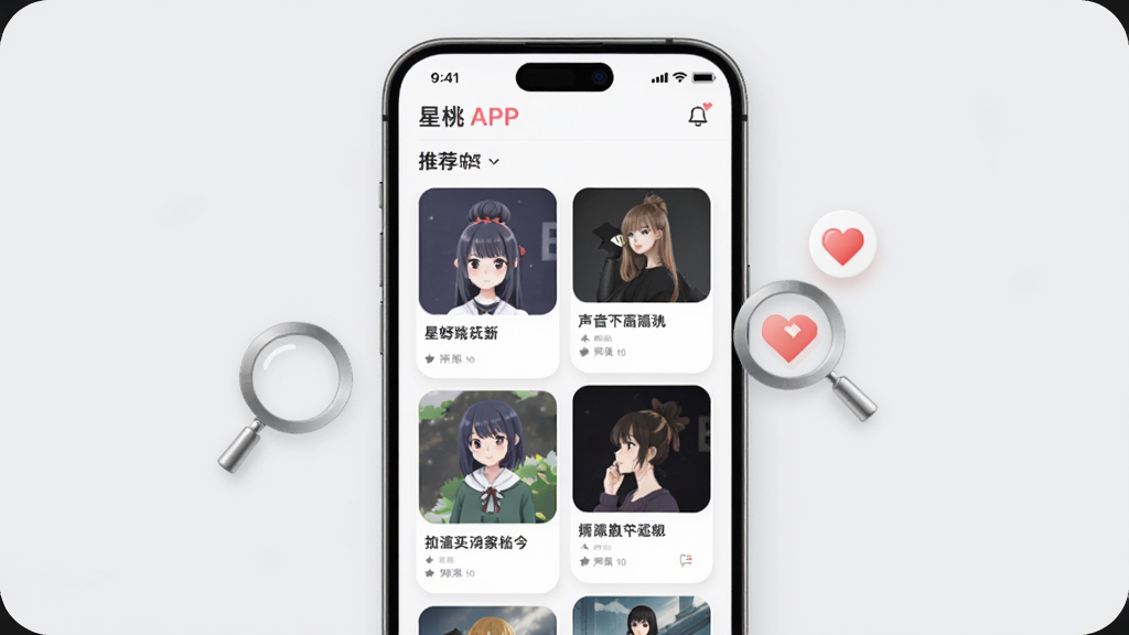 ��������չʾ����APP���Ƽ�ҳ�棬ҳ�����ж���������ݿ�Ƭ���ٲ�����ʽ���У���Ƭ���в�ͬ�ķ���ͼ�ͱ��⣬�ֻ��Ա���һ���Ŵ󾵺Ͱ���ͼ�꣬���湹ͼ���Ű����������Ϊ�ִ���ԼUIչʾ��ϸ���Ͽ�ƬԲ����ͣ�����Ϊǳ��ɫ�����ʸ��壬�ɾ����޶���Ԫ��