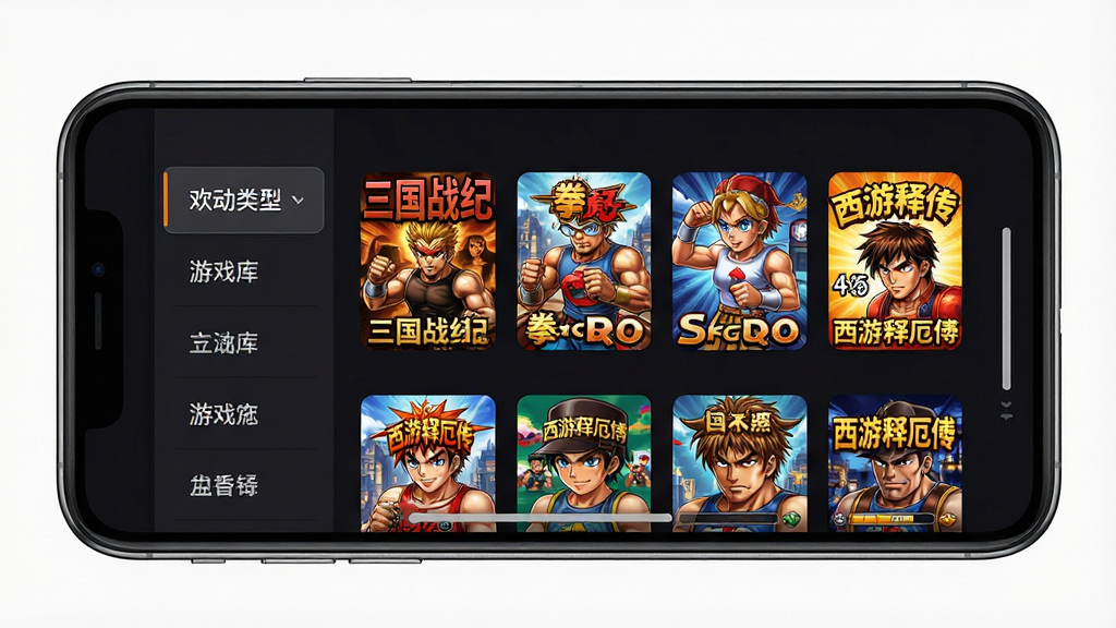 һ��չʾ������Ϸ����Ϸ������ͼƬ����������Ϊ�ֻ���Ļ���չʾ����Ļ�ڳ�����Ϸ������б������Ϊ��Ϸ���ͱ�ǩ���Ҳ�Ϊ��Ϸ��������ͼ���񣬰�������ս�͡�ȭ�ʡ������Ͷ򴫵���Ϸͼ�ꡣ�����������룬���ð�ɫ���ⱳ������Ϸ����ɫ������ͻ�������ΪдʵUI����չʾ��ϸ�ڰ��������ǩѡ��״̬����Ϸ����ϸ�ڡ������������ʸ��壬�ɾ����࣬�޶���Ԫ�ء�