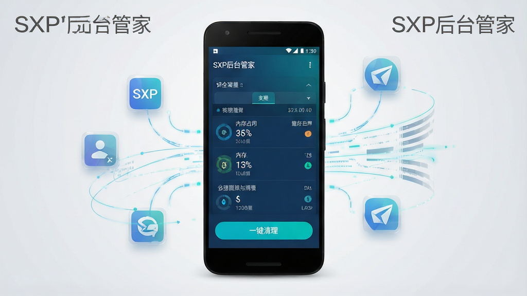 一张科技感十足的安卓手机后台管理界面预览图,画面中央是一部黑色智能手机,屏幕内显示SXP后台管家的主界面,包含进程列表、内存占用百分比、一键清理按钮等元素,界面配色以深蓝与青绿色为主,背景为干净的浅灰色渐变,手机周围环绕着半透明的应用图标与数据流动线条,整体风格简洁现代,细节清晰,画质干净,无多余元素,图片中文字标注为