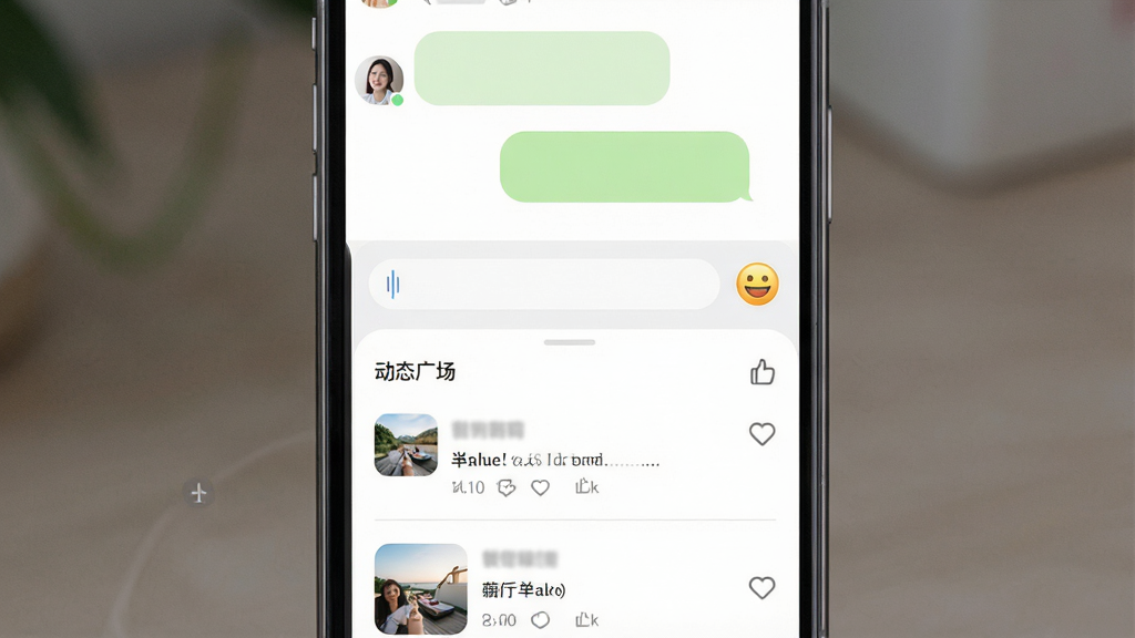 һ��չʾ������Ե�����붯̬���ܵĽ���ͼ�������������ֻ���Ļ����Ļ�ϰ벿��Ϊ����Ի����ڣ�������ʽΪԲ�Ǿ��Σ����Ϊ�Է���Ϣ���Ҳ�Ϊ�Լ���Ϣ���ײ��������ͱ��鰴ť����Ļ�°벿��Ϊ��̬�㳡��չʾ�����û���̬������ͼƬ����ͼ�����������͵���ͼ�꣬���Ϊ���Բ����ƣ�ϸ�ڰ�������ɫ���ݡ���ɫ������ǳ��ɫ�ָ��ߣ����ʸ��壬�ɾ����޶���Ԫ��