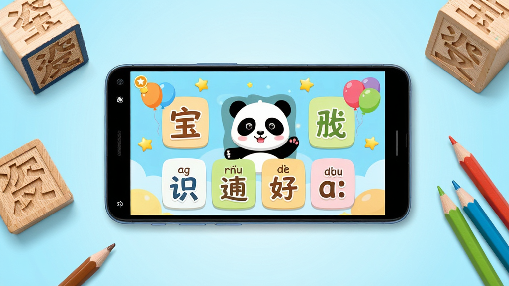 ������һ̨ƽ�ŵİ�׿�����ֻ�����Ļ����ʾ����ʶ����ѧƴ���Ŀ�ͨѧϰ���棬�������в�ɫ���ֿ�Ƭ��ƴ����ĸ�����ֲ��þ��й�ͼ���ֻ���Χɢ�伸��ľ�ʺ��ֻ�ľ�Ͳ�ɫǦ�ʣ��Ű��࣬ͻ���ֻ���Ļ���ݣ����Ϊ�������µĶ�ͯ�����廭�磻ϸ�ڰ�����Ļ�ڿɰ�����è�������ɫ���������װ�Σ�����Ϊǳ��ɫ���䣻���ʸ��壬�ɾ����޶���Ԫ��