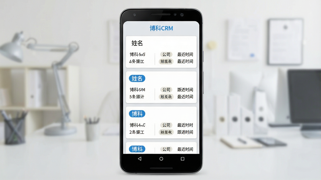 һ��չʾ����CRM�ͻ������������ܵĽ���ʾ��ͼ����������Ϊһ����׿�ֻ�����Ļ�ڳ��ֿͻ�������Ƭ�б���ÿ�ſ�Ƭ������������˾����ǩ���������ʱ�䣬����Ϊ�ֻ����С���Ƭ�������У��Ű����������ơ�����CRM������ɫС�ֱ�ע�ڽ��涥�������Ϊ��������ƽ�磬ϸ�ڰ���ǳ�ҵ�ɫ����ɫ��Ƭ����ɫ��ǩ���ҡ�ϸ�ָ��ߣ�����Ϊ���塢�ɾ����޶���Ԫ��