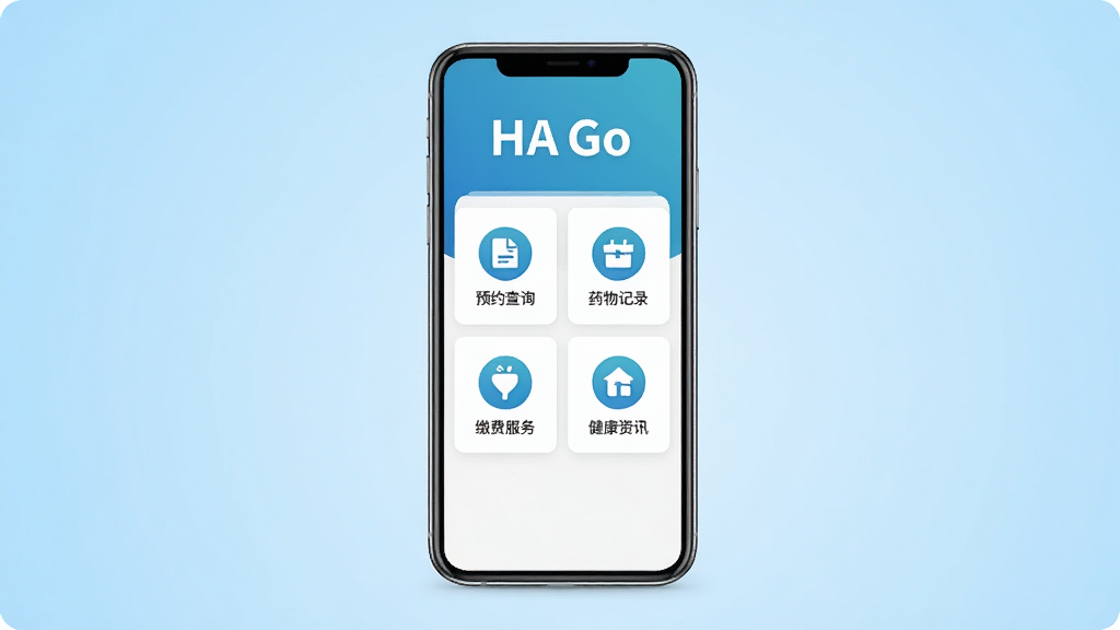 һ��չʾHA GoӦ����������ֻ�����ͼ������������һ�����ŵ������ֻ�����Ļ����ʾHA GoӦ����ҳ�������С�HA Go����ɫ���ֱ�־���·�����ԤԼ��ѯ��ҩ���¼���ɷѷ��񡢽�����Ѷ�ȹ���ͼ�꣬����Ϊǳ��ɫ���䣬������ɾ���࣬�����������޶���Ԫ�ء�