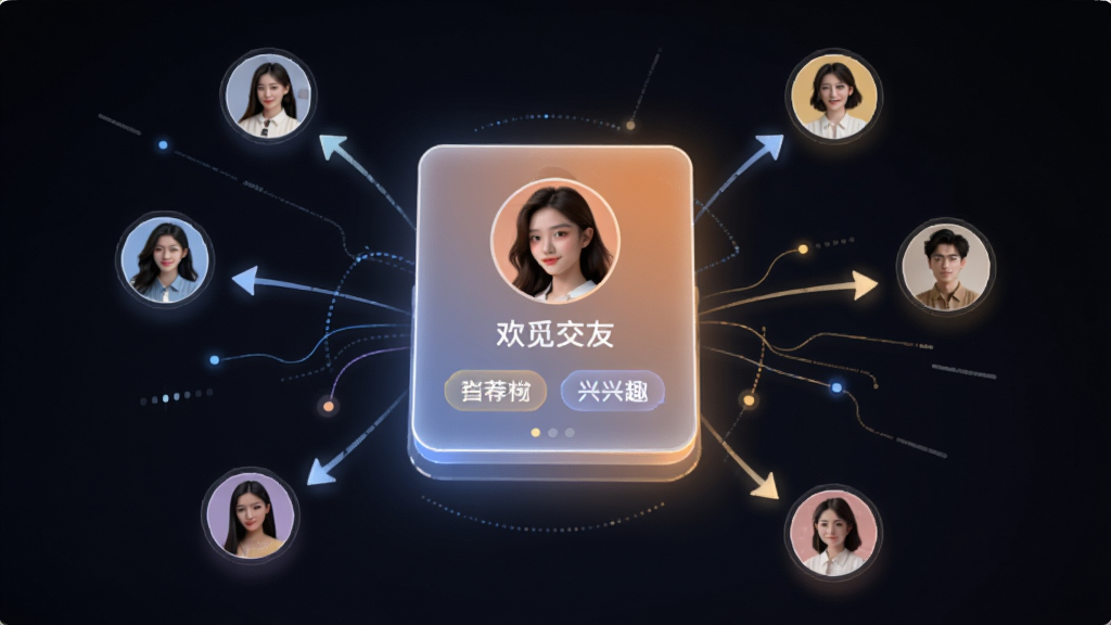 ����չʾ���ٽ��ѵ�����ƥ����棬������һ��������Ƽ���Ƭ����Ƭ����ʾ�û�ͷ�����Ȥ��ǩ����Χ�м�ͷָ��ͬ������û�Сͷ�������㷨��׼���͡����ֲ��÷���״�ṹ���Ű����������Ƽ�������ܰ�н�ϣ�ϸ�ڴ��������������ӡ����ʸ��壬�����ɾ���������Ԫ�ء�