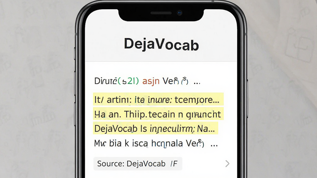 һ��չʾDejaVocab����ѧϰ�����ʾ��ͼ���������ֻ���Ļ��д������Ϊ���½ṹ���Ϸ��ǵ��ʡ�DejaVocab�����·��Ǹ�����ʾ��������䣬�Ű��࣬���Ϊ��ˬ�Ķ��磬ϸ�ڰ�����ͬ��ɫ�Ĵ��Ա�Ǻ�������Դ��ǩ�����ʸ��壬�ɾ����޶���Ԫ��