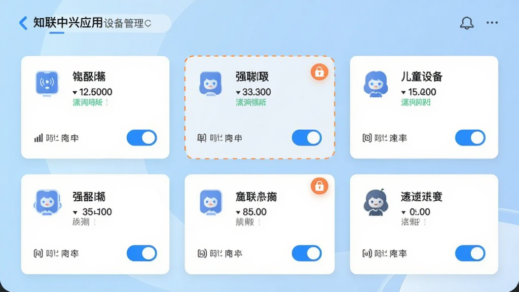 ����չʾ֪������Ӧ���е��豸�������棬����豸ͼ���Կ�Ƭ��ʽ���У�ÿ����Ƭ��ʾ�豸�������ź�ǿ�ȣ�����һ̨�豸�����Ϊ����ͯ�豸��������ʱ����ͼ�꣬����Ϊǳɫ���䣬���Ϊ�ִ�UIչʾͼ��ϸ�ڰ������������뿪�ذ�ť�������������ɾ����޶���Ԫ��