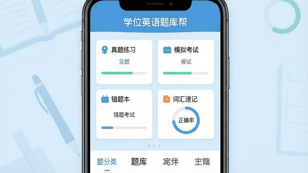 һ���ֻ���ĻչʾѧλӢ������App��ҳ���棬������ʾ�������ơ�ѧλӢ��������в�Ϊ������ϰ��ģ�⿼�ԡ����Ȿ���ʻ��ټ��ĸ����ܿ�Ƭ���ײ�Ϊ�����ർ��������Ϊǳ��ɫѧϰ��񣬻���ɾ����࣬����ͻ�����Ű����������Ϊ��ƽ��������App���棬ϸ�ڰ����������������ȷ��Բ�������ʸ��壬�޶���Ԫ��