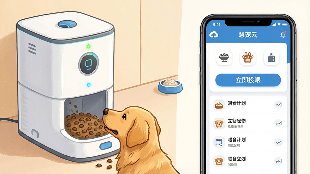 һ��չʾ���ܳ���ιʳ�����ֻ�APP�����ĳ���ͼ�����������һ����ɫ������ιʳ�������ڳ������·���һֻ��ëȮ�ڴ��ؿ��š������Ҳ���һ�������ֻ�����Ļ����ʾ���۳��ơ�APP��Զ��Ͷι���棬�С�����Ͷι����ť��ιʳ�ƻ��б������ֲ������ҶԱ�ʽ�����Ϊ�Ƽ�������ܰ�н�ϵĲ廭���ϸ�ڰ���ιʳ���ϵ�ָʾ�ơ��ֻ������ͼ�꣬���ʸ��壬�ɾ����࣬�޶���Ԫ�ء�