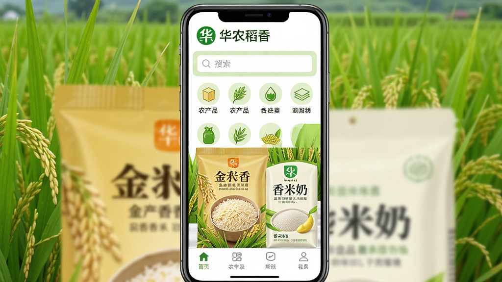 һ���ֻ���Ļչʾ��ũ����APP��ҳ���棬�������������ⰻȻ�ĵ��ﱳ����ǰ���ڷ��Ű�װ�õĽ�������׺������̲�Ʒ�����岼�ֲ������½ṹ���Ϸ�ΪƷ��Logo�����������в�Ϊũ��Ʒ����ͼ�꣬�ײ�Ϊ�����˵������������Ȼ��ϸ�ڰ������������Ͳ�Ʒ��װ�ϵ����ֱ�ʶ�����������������ɾ����࣬�޶���Ԫ��