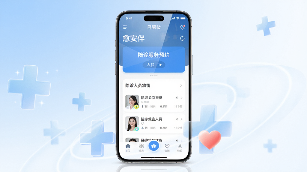 ����Ϊһ�������ֻ�����Ļ��չʾ������APP����ҳ���棬��������������ԤԼ��ڡ�������Ա�б��͵����������ֲ��þ��й�ͼ���ֻ��·����ư�͸����ҽ��ʮ���밮��ͼ�ꣻ�Ű����ִ������Ϊ���¿Ƽ��У�ϸ�����ֻ���Ļ����΢���⣬����Ϊ��͵����׽��䣻���ʸ��壬�ɾ����޶���Ԫ�ء�