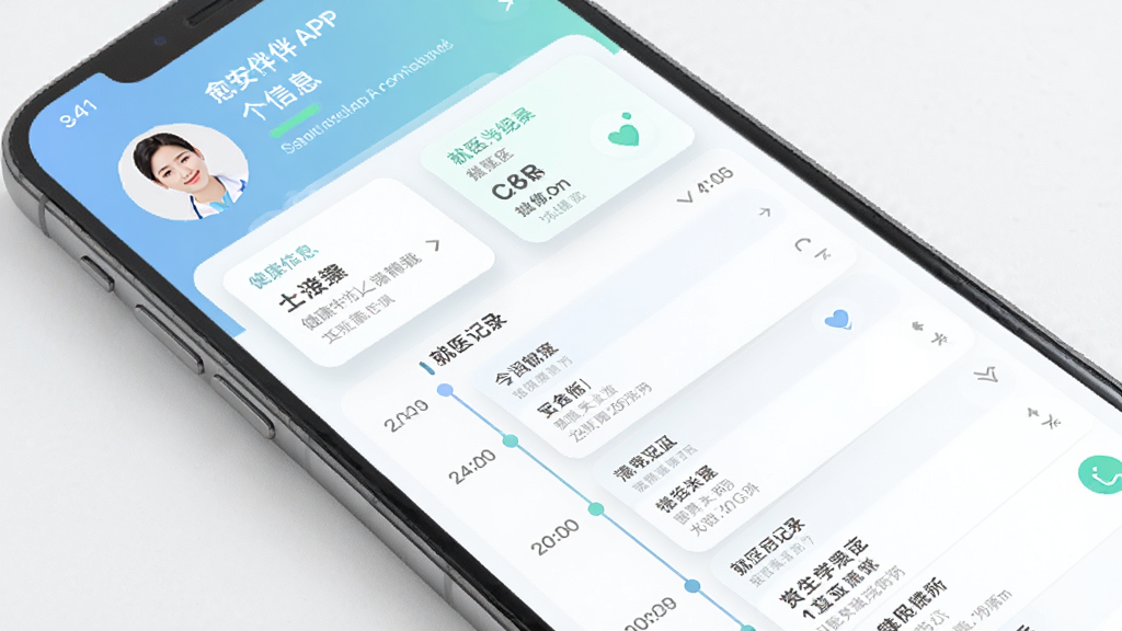 ����Ϊ������APP�Ľ����������棬չʾ������Ϣ��Ƭ�;�ҽ��¼�б�������Ϊ�����б�������Ϊͷ��ͻ�����Ϣ���·�Ϊʱ������ʽ�ļ�¼���Ű����ࣻ���Ϊ����ҽ�Ʒ磻ϸ����ʹ����͵���ɫ����ɫ��Ϊ��ɫ������Ƭ����΢��Ӱ�����ʸ��壬�ɾ����޶���Ԫ�ء�