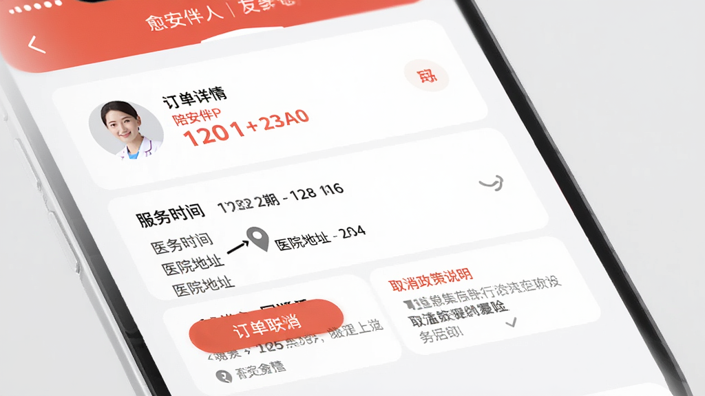 ����Ϊ������APP�Ķ�������ҳ�棬չʾ������Ա��Ϣ������ʱ�䡢ҽԺ��ַ��ȡ������˵��������Ϊ��Ƭʽ��ƣ���Ҫ��Ϣ�ú�ɫ��ע���Ű����������Ϊ�ƶ���UI���棻ϸ���ϰ�ť����ʾ������Ŀ������Ϊǳ��ɫ�����ʸ��壬�ɾ����޶���Ԫ�ء�