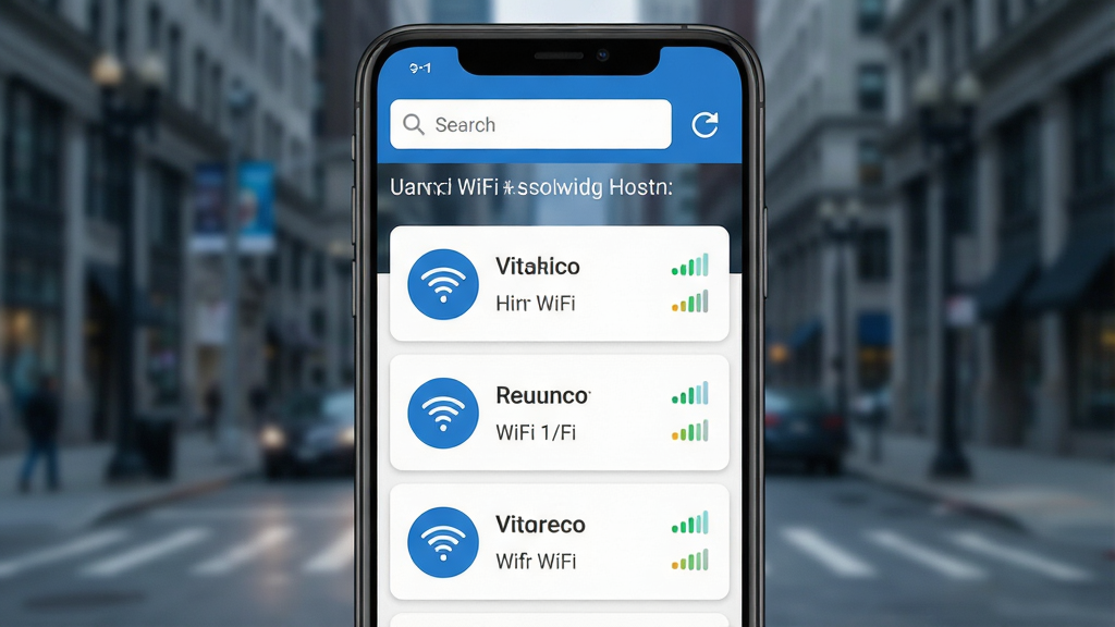 һ��չʾ��׿�ֻ���Ļ��ͼƬ����Ļ������ʾ����wifi�������������棬���涥�����������ˢ�°�ť���·������Ŷ��WiFi�ȵ����ƺ��ź�ǿ��ͼ�꣬������ģ���ĳ��н־�������Ϊ�ֻ���������չʾ�����Ϊ�Ƽ���UI��ƣ�ϸ�ڰ�����ɫ����ɫ��Բ���ź�ͼ�ꡢ�ȵ��б���Ƭ�����������ɾ����޶���Ԫ��