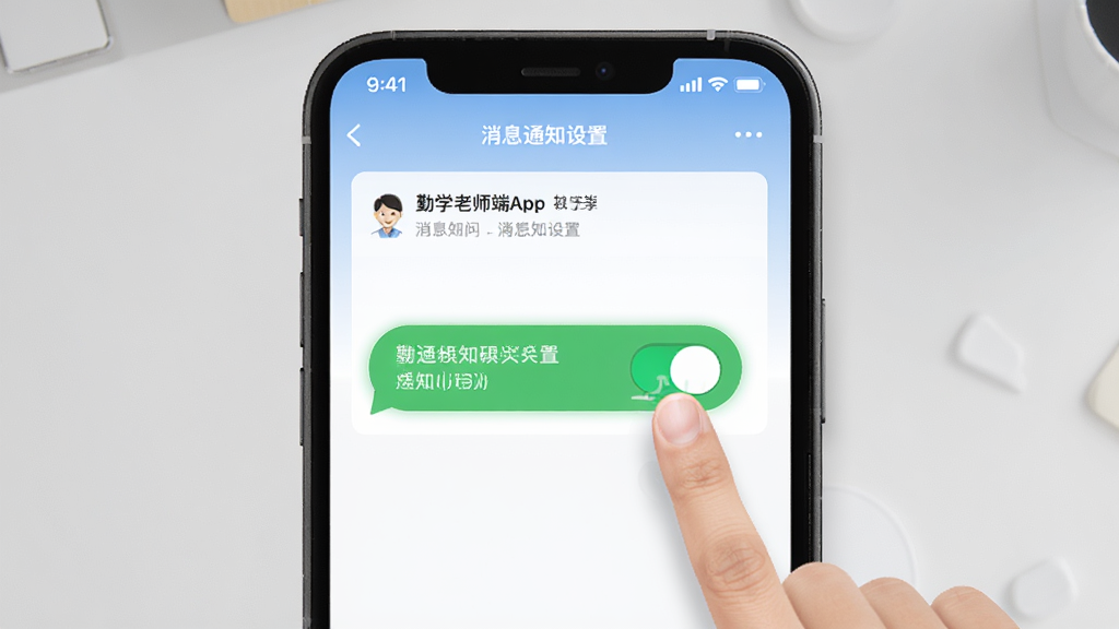 ��ѧ��ʦ��App���ֻ���Ļ����ʾ��Ϣ֪ͨ���ý��棬�Ա�����ָ������ص�ʾ�⶯��������Ϊ����ɫ������棬����Ϊ�ֻ�������д�����ΪUI����չʾͼ��ϸ��ͻ��֪ͨȨ�޿��ذ�ť�����������ɾ����޶���Ԫ��
