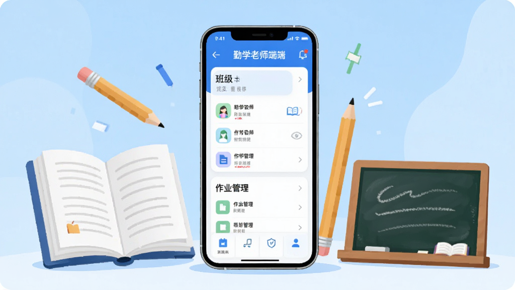 ��������һ�������ֻ�չʾ��ѧ��ʦ��App���棬������ʾ�༶�б�����ҵ����ģ�飬�ֻ���Χ�����鱾��Ǧ�ʡ��ڰ�Ƚ�ѧԪ�أ�����Ϊǳ��ɫ���䣬���岼�ּ�����죬���Ϊ��ƽ���Ƽ��廭��ϸ����ͻ����ʦ�칫���������������ɾ����޶���Ԫ��
