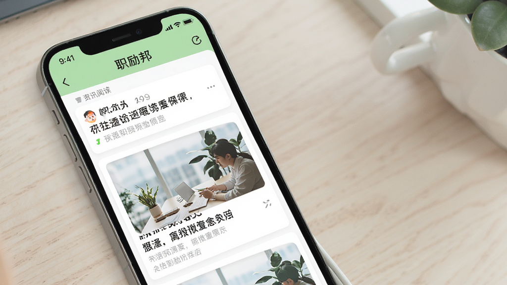 һ��AI��ͼ������չʾְ����APP����Ѷ�Ķ�ҳ�棬�ֻ���Ļ����ʾ�����б�����ͼ�����������ɼ������������£���ɫ�԰�ɫ��ǳ��ɫΪ�����������ʣ����ʸɾ����޶���Ԫ��