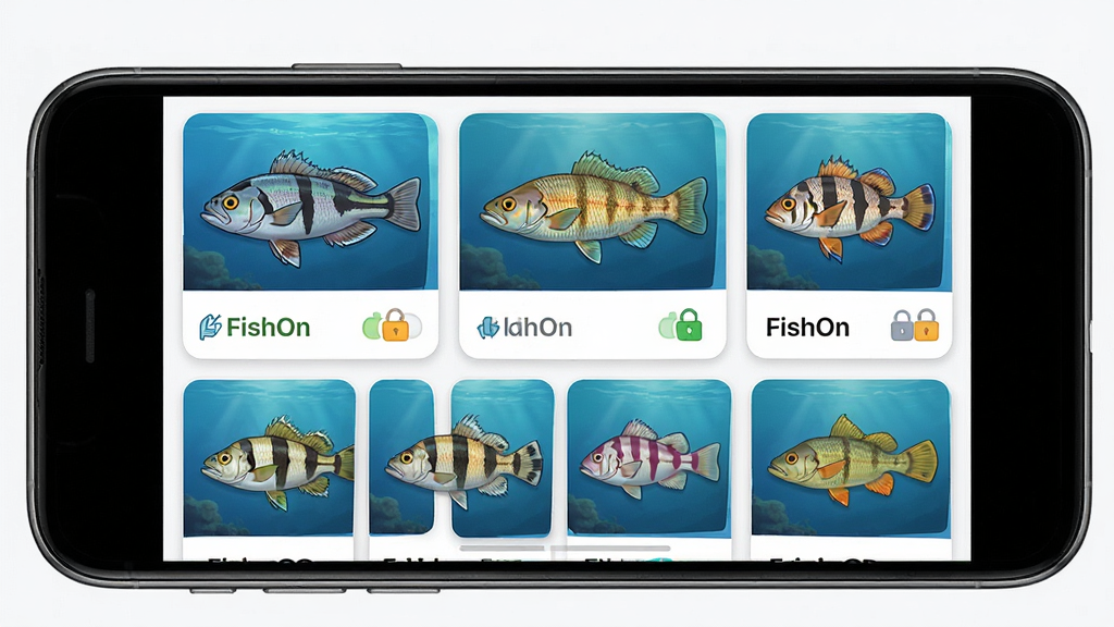 һ��չʾFishOn����ͼ�������ͼƬ������Ϊ�ֻ���Ļ��ʾ��������Ŀ�Ƭʽͼ�������ֲ����������У��Ű����������Ϊ��ͨдʵ��ϣ�ϸ�ڰ�����ͬ�������ɫ��������ͼ������״̬�����������ɾ����޶���Ԫ�أ������д����֡�FishOn��