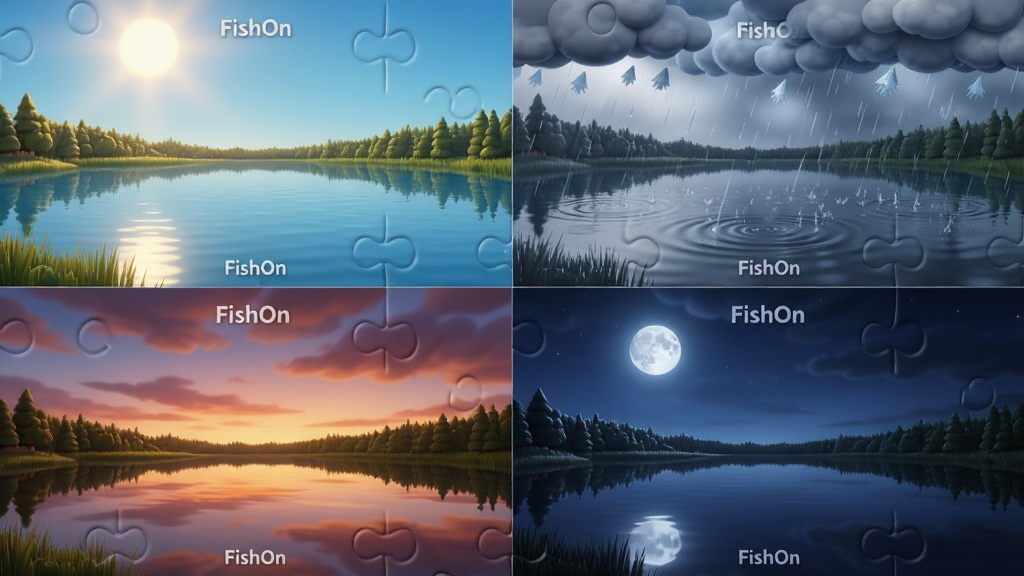 һ��չʾFishOn��ͬ����������ƴͼ������Ϊ�ĸ���ͬ���������ڲ�ͬ�����µĶԱȣ�����Ϊ���ָ����У��Ű�Գƣ����Ϊдʵ�羰��ϸ�ڰ����������⡢�����������ƻ���ϼ��ҹ���¹⣬���������ɾ����޶���Ԫ�أ������д����֡�FishOn��
