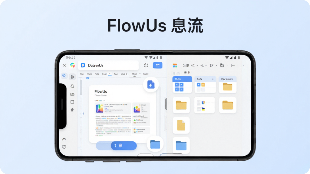 �����������һ����׿�ֻ����ֻ���Ļ��չʾ FlowUs Ϣ��Ӧ�ý��棬������ĵ��༭�����Ҳ��Ƕ�ά�������ļ���ͼ�꣬����Ϊǳ��ɫ���䣬���ֲ��þ��жԳ��Ű棬���Ϊ�ִ���ƽ���Ƽ��磬ϸ�ڰ���Բ�ǿ�Ƭ��������ť�����ͼ�꣬���ʸ��壬����ɾ����޶���Ԫ�أ��ֻ��Ϸ��������� ��FlowUs Ϣ����