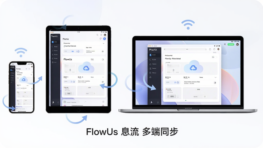����չʾ�ֻ���ƽ�塢�ʼǱ�������̨�豸���Űڷţ���Ļ����ʾ FlowUs Ϣ������������һ�£�����Ϊ�������У��Ű������򣬷��Ϊ����Ƽ��磬ϸ�ڰ���ͬ����ͷ���ƶ�ͼ�ꡢ�����źŷ��ţ����ʸ��壬����ɾ����޶���Ԫ�أ��豸�·���ע ��FlowUs Ϣ�� ���ͬ����