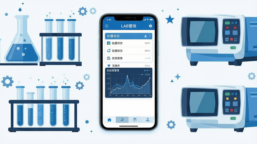 һ��չʾLAB�����������Ĺ��ܵĳ���ͼ�������������һ�������ֻ����ֻ���Ļ����ʾLAB����Ӧ�ý��棬�����а�������״̬�б�����������ͼ����ʵ���ҹ����˵����ֻ���Χ����ʵ�����ձ����Թܡ�ɫ���ǵ�Ԫ�أ�������ñ�ƽ���Ƽ���񣬲��־��жԳƣ��Ű���������ɫ������ɫ�Ͱ�ɫΪ����ϸ�ھ��£����ʸ��壬����ɾ����޶���Ԫ��
