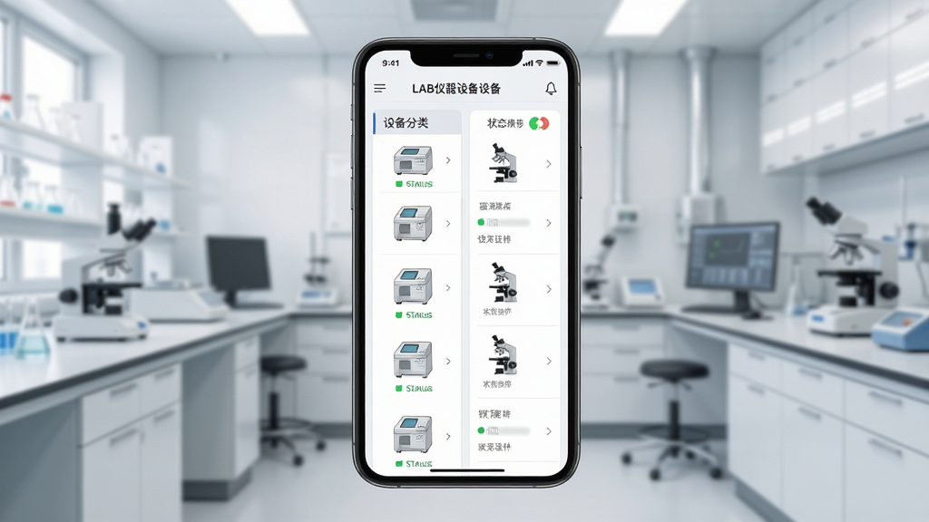 һ��չʾLAB�����豸�������ܵ�ͼƬ����������Ϊһ���ֻ����ֻ���Ļ��ʾLAB�����豸�б����棬�������ж�̨����ͼ����״̬��ʶ������Ϊ����ʵ���һ��������ֲ������ҷ��������Ϊ�豸���࣬�Ҳ�Ϊ״̬���飬���Ϊ�ִ���Լ�Ƽ��磬ϸ�����������ʸ��壬����ɾ����޶���Ԫ��