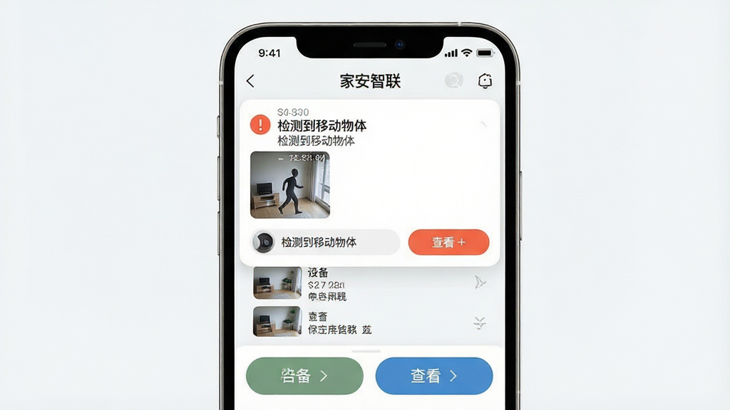 һ��չʾ���Ұ�������APP�澯���ͽ����ͼƬ���ֻ���Ļ�Ϸ������澯֪ͨ��Ƭ����ʾ����⵽�ƶ����塱��ץ������ͼ���·���APP�����棬������ͷ�б��Ͳ�����ť������Ϊǳɫ��Լ��񣬲���ͻ��֪ͨ��Ƭ��ϸ�ڰ���֪ͨʱ�䡢�豸���ƺͲ鿴��ť�����ʸ��壬�ɾ����޶���Ԫ��