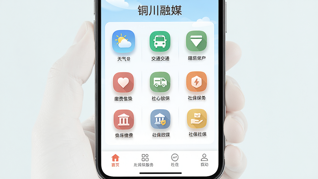 һ��AI��ͼ������չʾ��ͭ����ý��APP����������ҳ�棬����Ϊ�ֻ����棬���ֳ��־Ź�����ͼ�꣬������������ͨ���ɷѡ��籣�ȣ��Ű��࣬���Ϊ����ǳɫϵ��ϸ�ڰ���ͼ����Ӱ���ײ����������ʸ��壬�ɾ����޶���Ԫ��