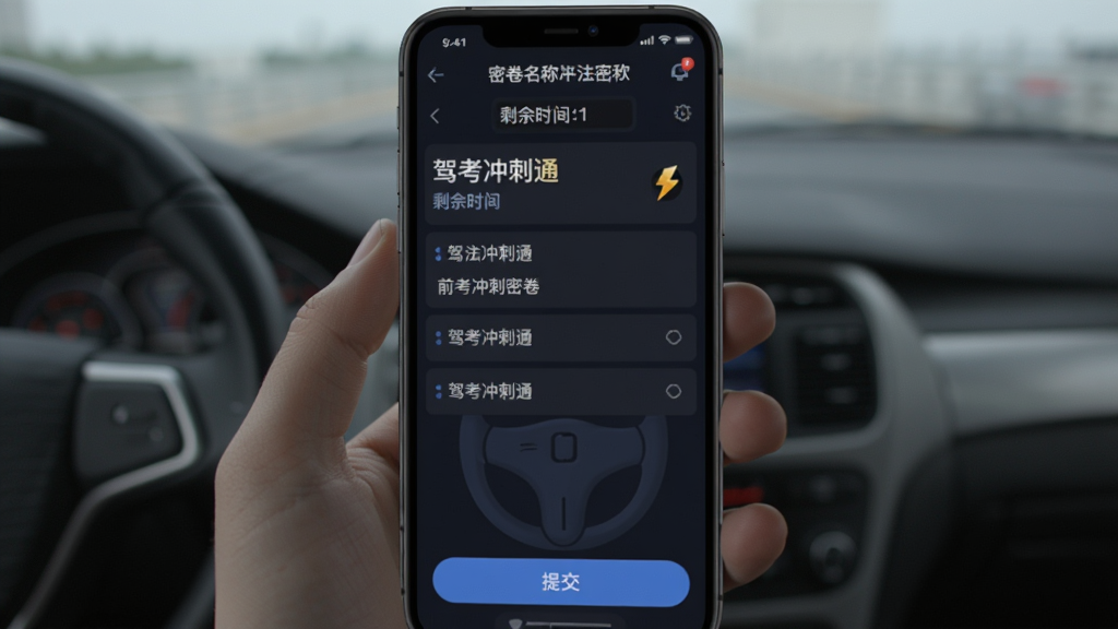 ����Ϊ�ݿ����ͨ��ǰ����ܾ����棬����Ϊ������ʾ�ܾ�������ʣ��ʱ�䣬�в�Ϊ��Ŀ��ѡ��ײ�Ϊ�ύ��ť���Ű�Ϊ�ֻ���Ļ���򲼾֣����Ϊרע���Է�Χ����ɫϵ���棬ϸ��Ϊ�����д��С��ݿ����ͨ����������ͼ�꣬���ʸ���ɾ��޶���Ԫ��