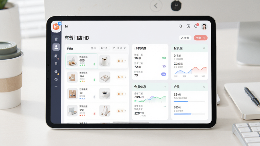 һ��չʾ�����ŵ�HD������ƽ���豸�����еĽ���Ч��ͼ����������Ϊƽ����Ժ���ڷţ���Ļ����ʾ�����ŵ�HD���ŵ꾭Ӫ���壬������Ʒ�б����������ݡ���Ա��Ϣ��ģ�飬�����������࣬����Ϊ����ǳɫ�칫���滷�������Ϊ�ִ��Ƽ���UIչʾ���ϸ������Ļ�߿�Բ�󣬽���Ԫ��ɫ����ͣ����ʸ��壬����ɾ����޶���Ԫ�ء�