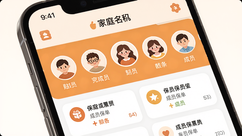 �������ܼ�ͥ�˻��������棬����Ϊ�ֻ���Ļչʾ��ͥ��Ա�б�������Ϊ������ͥ�����в���Աͷ����ŵײ�����Ա�����������Ű�����ֱ�ۣ����Ϊ��ܰ��ͥ�磬ϸ����ʹ��ůɫ��ͼ���Բ��ͷ����ƣ����ʸ���ɾ��޶���Ԫ��