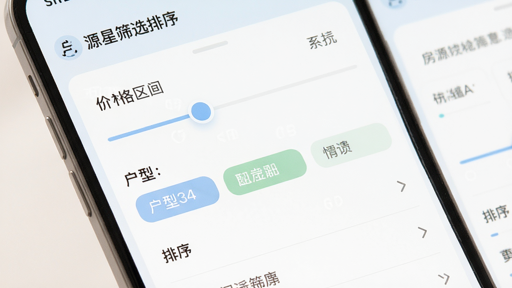 ��Դ��ɸѡ�����ܽ��棬�ֻ���Ļչʾɸѡ������壬�����۸����们�顢����ѡ��ť������ѡ���б������沼����������ɫ��ͣ������������ɾ��޶���Ԫ��