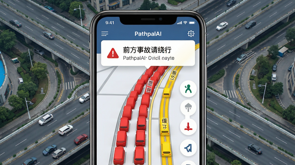 PathpalAIʵʱ·��Ԥ�����棬����չʾһ���ֻ���Ļ����Ļ����ʾ��ɫӵ��·�κͻ�ɫ����·�Σ���������Ԥ����ʾ��д��ǰ���¹������У������ǳ��е�·����ͼ�����дʵ���������ʸɾ����޶���Ԫ��