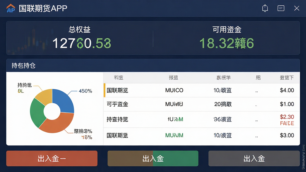 һ���ڻ��˻��ʽ��ѯ���棬���������ǹ����ڻ�APP���˻�����ҳ�棬�����Ϸ�Ϊ��Ȩ��������ʽ����֣��м�Ϊ�ֲ��б����·�Ϊ�����ť��������ش�����ϸ�ڰ�����ͼ������ͳ�ƣ������������ɾ����޶���Ԫ��