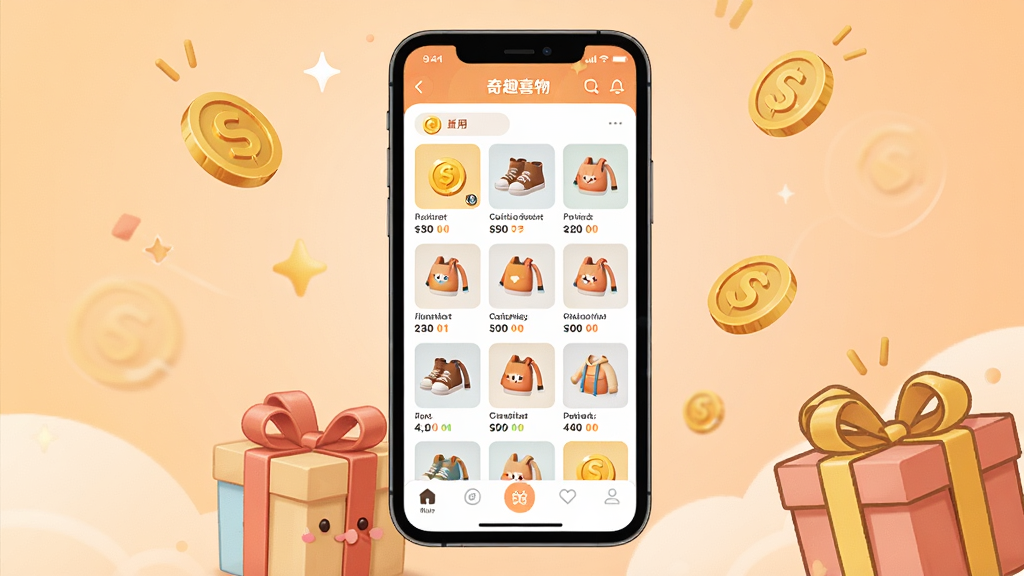 һ��չʾ��Ȥϲ��Ӧ��������ĳ���ͼ�������������ֻ���Ļ����Ļ����ʾ��Ȥϲ��APP����ҳ��������Ʒ���񡢽��ͼ��͵ײ����������ֻ���Χɢ���Ž�Һ�����еĿ�ͨԪ�أ���������͵�ǳ��ɫ���䣬���������»��ã�ϸ�ڷḻ�������������ɾ����޶���Ԫ��
