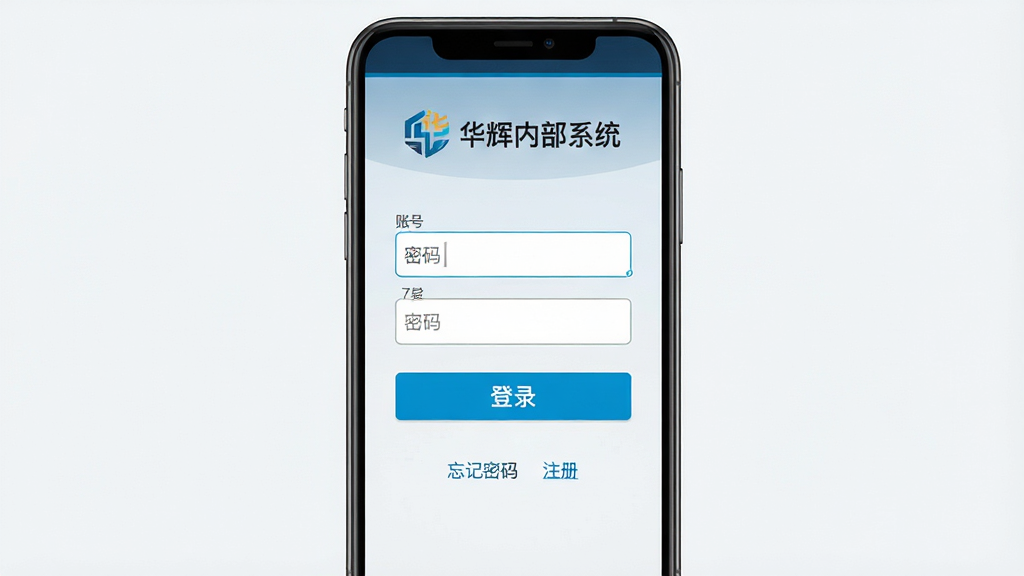 һ��չʾ�����ڲ�ϵͳ��Android�ֻ��ϰ�װ���¼�����AIͼƬ����������Ϊ�ֻ���Ļ��ʾAPP��¼ҳ�棬ҳ���Ϸ�Ϊ��ҵLogo�����ơ������ڲ�ϵͳ�����м�Ϊ�˺����������͵�¼��ť���·�Ϊ����������ע�����ӣ����ֲ��þ��д�ֱ�Ű棬���Ϊ�������磬ϸ���������߿���������ť��ɫ��Ŀ�������Ű湤�������ʸ���ɾ��޶���Ԫ��