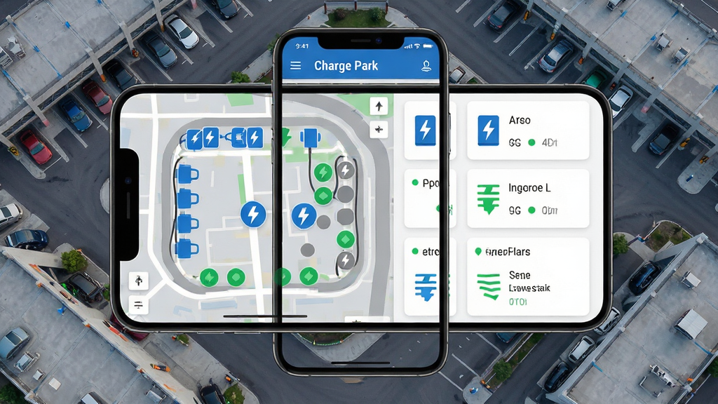 Charge Park ����������չʾ�������������һ�������ֻ�����Ļ��ʾ���վ��ͼ�복λ״̬�б�������Ϊ����ͣ��������ͼ�����ֲ������ҷ��������Ϊ��ͼ���Ҳ�Ϊ���׮��Ϣ��Ƭ�����Ϊ�ִ���ƽ���Ƽ��磬ϸ�ڰ�����ɫ����ʶ����ɫ����״̬�㡢��ɫռ��״̬�㣬�����������ɾ����޶���Ԫ��