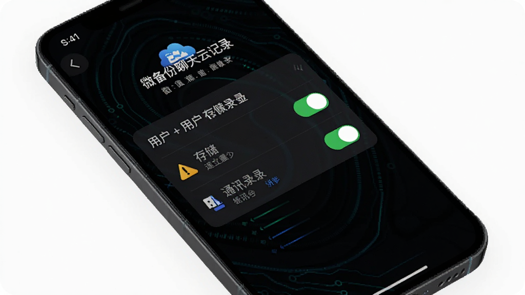 һ��չʾ�ֻ���Ļ��ͼƬ����Ļ����ʾ��΢���������Ƽ�¼����Ȩ�����ý��棬�û����ڹ�ѡ�洢��ͨѶ¼Ȩ�ޣ�����Ϊ��ɫģʽ�����Ƽ��У�ϸ�ڰ���Ȩ�޿��ذ�ť�;���ͼ�꣬�����������ɾ��޶���Ԫ��