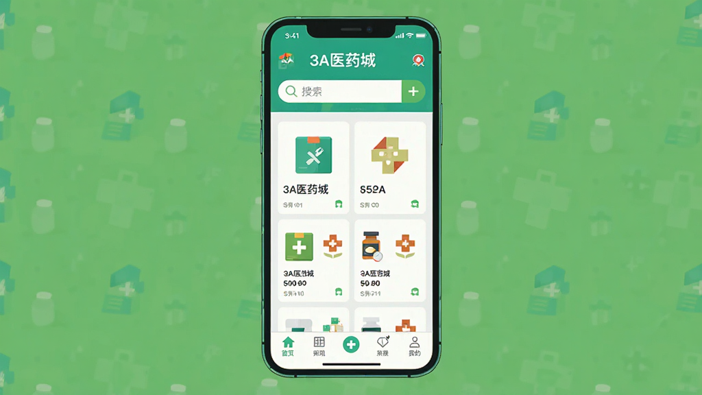 һ��չ��3Aҽҩ���ƶ���Ӧ�ý���Ĳ廭��������һ�������ֻ�����Ļ��չʾ��3Aҽҩ�ǵ�ҩƷ����ҳ�棬��������������������ҩƷ�б��͵ײ����������Ű������򣬷��Ϊ�ִ���ƽ����ƣ�ϸ����ͻ��ҩ��ͼ��ͽ���ʮ�ֱ�־�������������ɾ����޶���Ԫ��