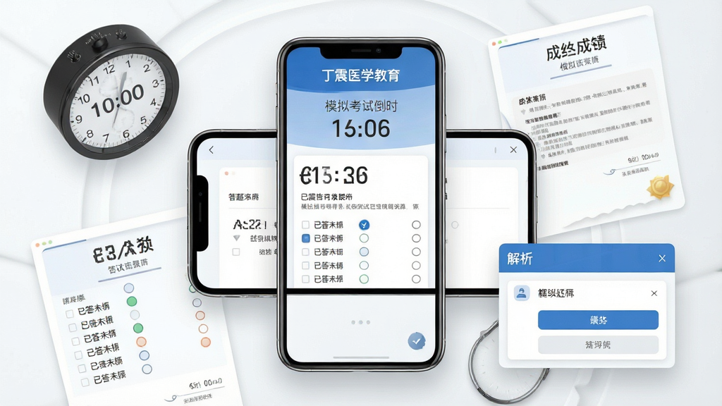 һ��չʾģ�⿼�Թ��ܵĻ��棬����������һ�������ֻ�����Ļ����ʾ������ҽѧ��������ģ�⿼�Ե���ʱ�ʹ��⿨���棬��Χ�����ż�ʱ�����ɼ����ͽ���������Ԫ�أ�����Ϊ����ʽ��ͼ�����Ϊ�ִ���Լ�磬ϸ�ڰ������⿨�ϵ��Ѵ�δ���Ǻͷ������֣����ʸ��壬����ɾ����޶���Ԫ��