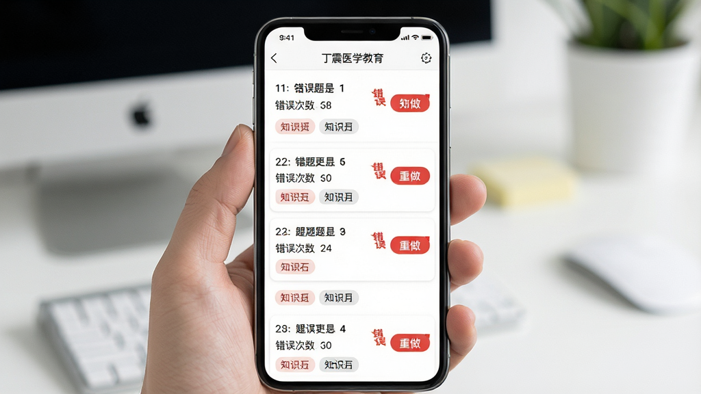һ��չʾ���⸴ϰ���ܵĻ��棬����������һ���ֻ�����Ļ����ʾ������ҽѧ�������Ĵ��Ȿ�б���ÿ�����Ա��к�ɫ�����Ǻ�������ť������Ϊ�����б�ʽ�����Ϊ��ˬ����磬ϸ�ڰ�����Ŀ��š����������֪ʶ���ǩ�����ʸ��壬����ɾ����޶���Ԫ��