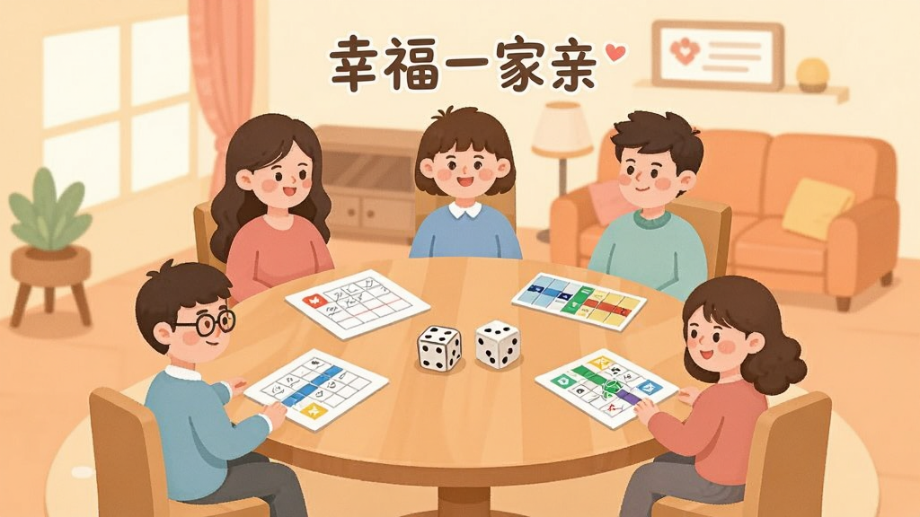 һ����ܰ�Ĳ廭��������չʾһ�������ͥ������棬��λ��ͥ��Ա��ͷ��Χ��һ��Բ������������ʾ�Ŵ��⿨�����ӵ���ϷԪ�أ�������ůɫ���Ŀ��������Ϊ��ͨ��ƽ����ɫ����ͣ������пɳ������֡��Ҹ�һ���ס���������������ͼ�ɾ����޶���װ��