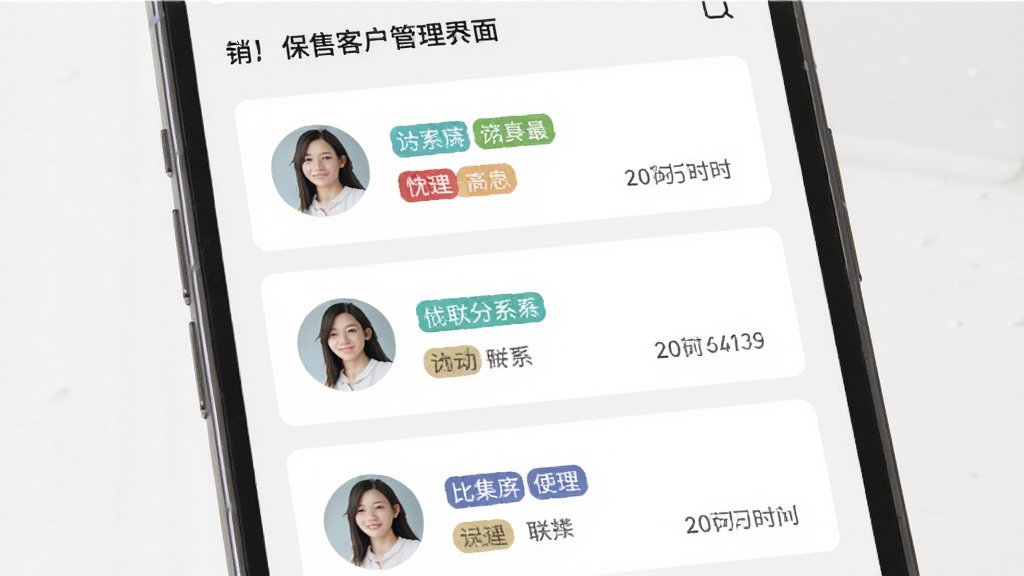 ���۱��ͻ����Ϲ������棬����Ϊ�ֻ���Ļ������չʾ�ͻ���Ƭ�б����Ű����룬������¼�Լ��ϸ�ڰ����ͻ�ͷ�񡢱�ǩ��ɫ�������ϵʱ�䣬�����������ɾ����޶���Ԫ��