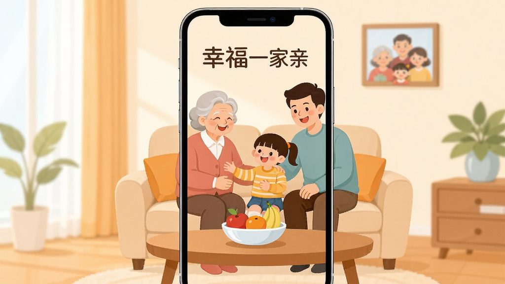 ����������һ�������ֻ����ֻ���Ļ����ʾ��һ����ܰ�ļ�ͥ�ۻ᳡���������ˡ���ĸ�ͺ���Χ���ڿ���ɳ���Ͽ��Ļ���������ɫ����ů���������ñ�ƽ���廭��񣬱����Ǽ��ļҾӻ�����ϸ�ڰ����輸�ϵ�ˮ���̺�ǽ�ϵ�ȫ�Ҹ�������廭�������ɾ��������пɳ������֡��Ҹ�һ���ס����޶�������Ԫ��